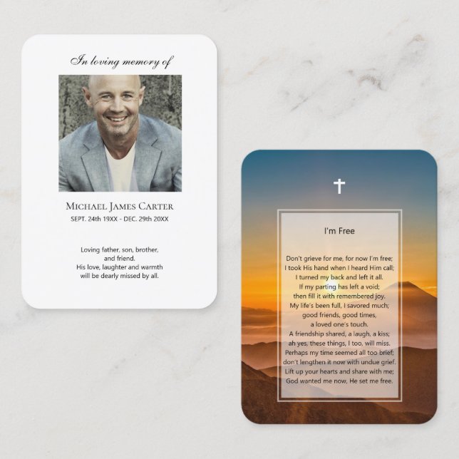 Photo memorial I'm Free prayer with cross card (Front/Back)