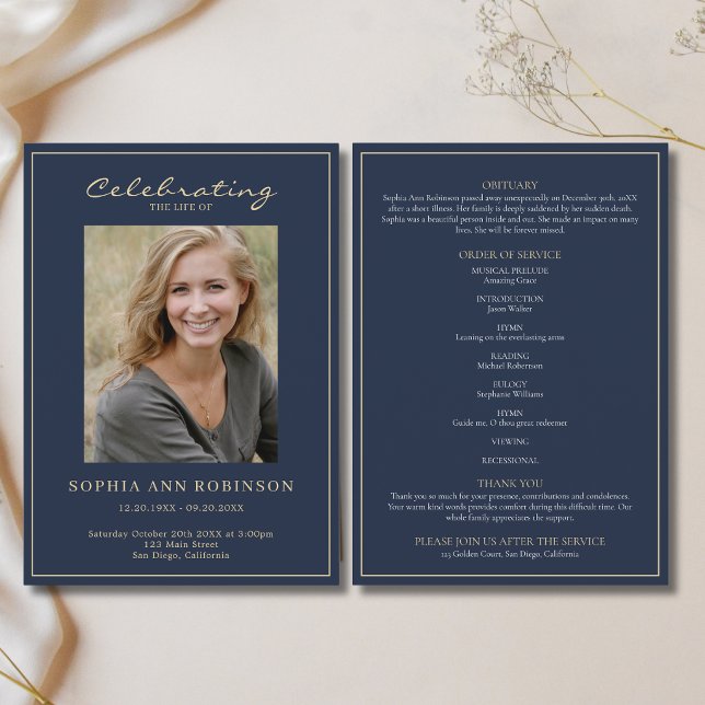 Photo Memorial Order Of Service Gold Blue Program Invitation (Creator Uploaded)