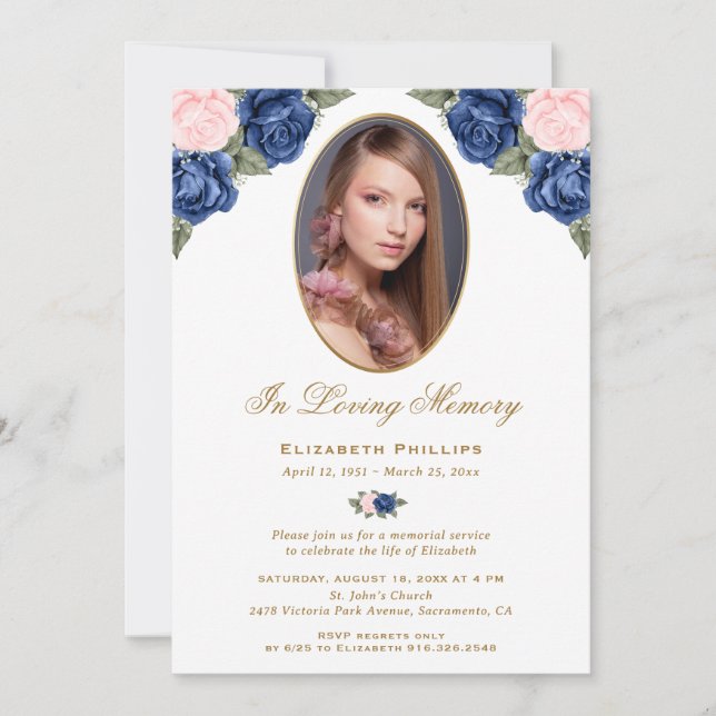 Photo Memorial Service Blue Pink Floral Invitation (Front)
