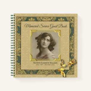 Photo Memorial Service Gold Damask Rose Guest Book