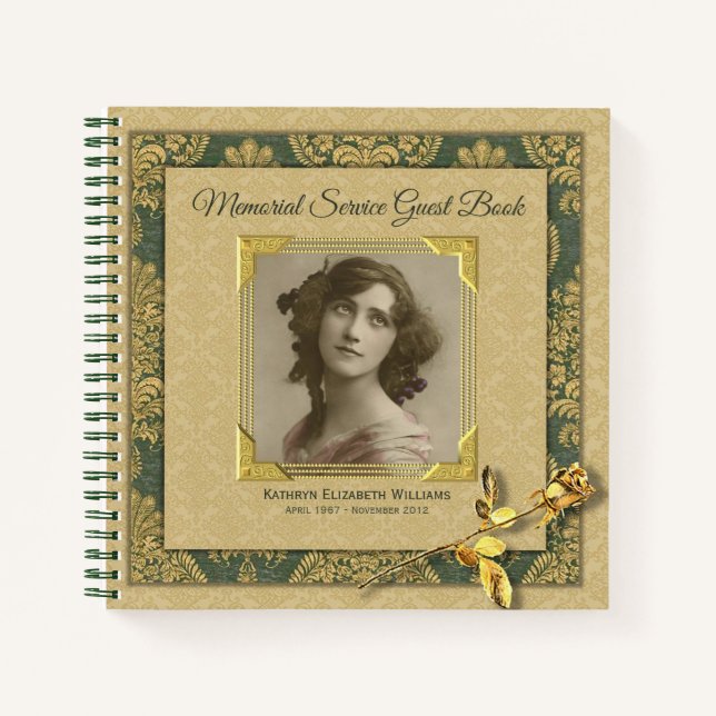 Photo Memorial Service Gold Damask Rose Guest Book (Front)