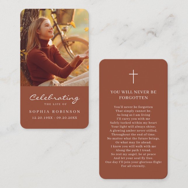 Photo Memorial Terracotta Burnt Orange Prayer Card (Front/Back)