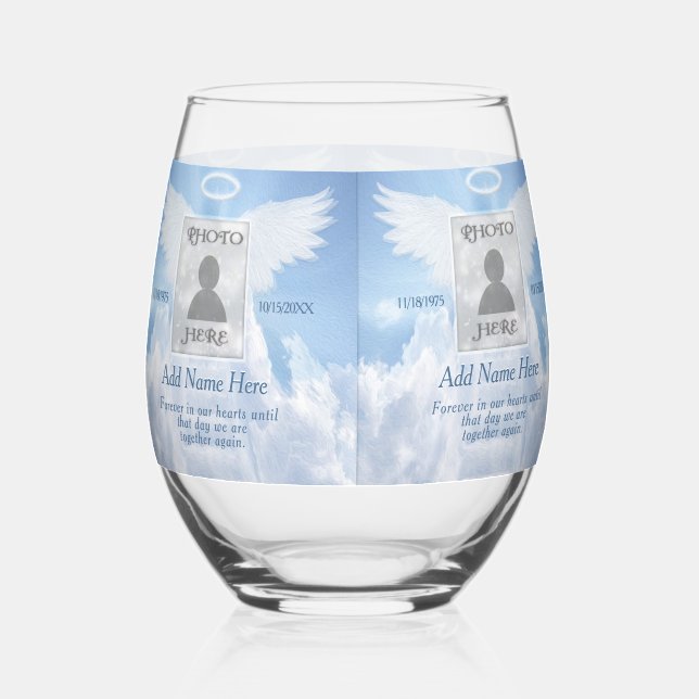 Photo Memorial with Clouds Stemless Wine Glass (Front)