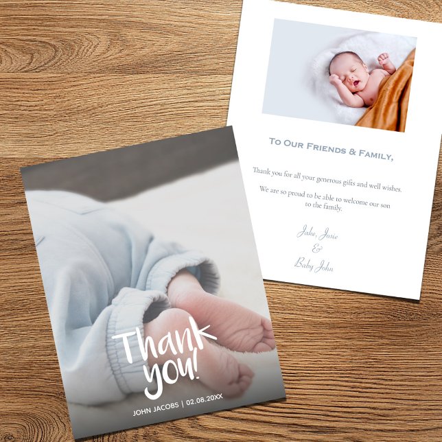Photo memories, boy, baby shower thank you card (Baby feet thank you card with modern script and photo.)