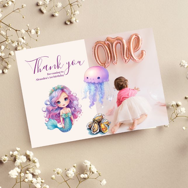 Photo Mermaid 1st Birthday Party ONEder The Sea  Thank You Card (Creator Uploaded)