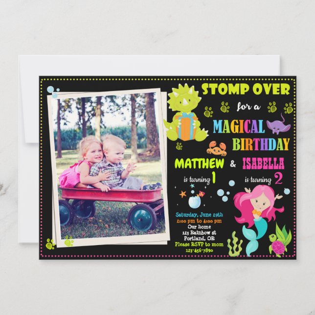 Photo Mermaid and Dinosaur birthday invitation (Front)