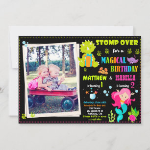 Photo Mermaid and Dinosaur birthday invitation