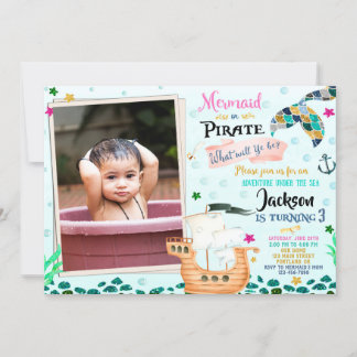Photo Mermaid and Pirate birthday invitation