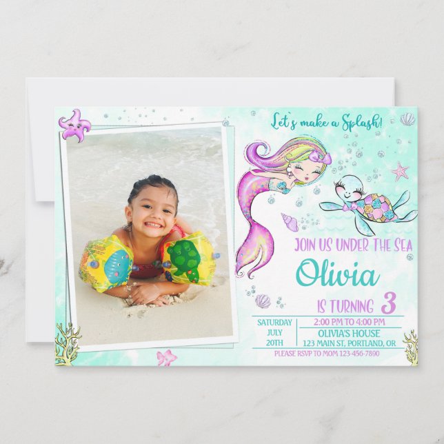 Photo Mermaid and turtle birthday invitation Party (Front)
