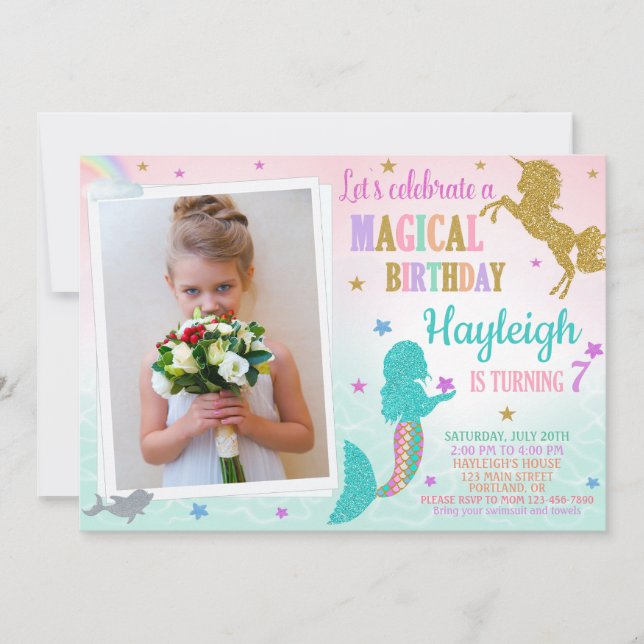 Photo Mermaid and Unicorn birthday invitation (Front)