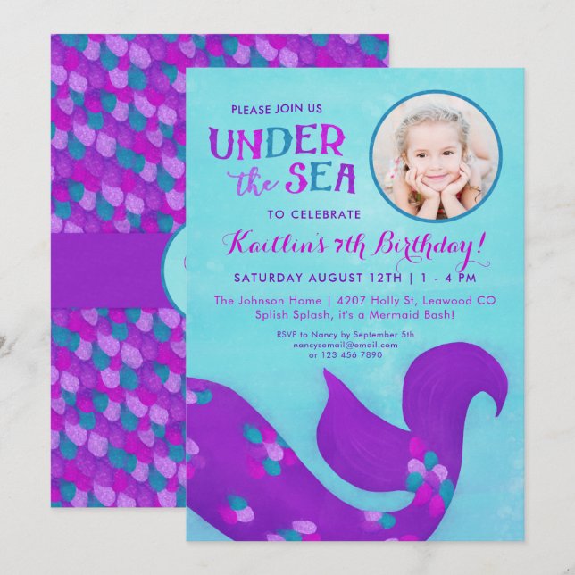 Photo Mermaid Birthday Invitations "Under the Sea" (Front/Back)