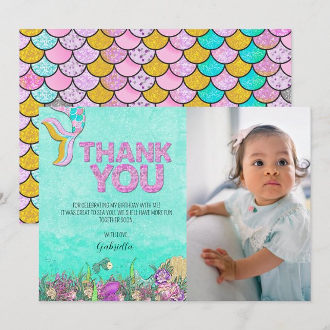 Photo Mermaid Birthday Thank You Card (Front/Back)