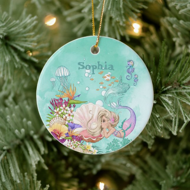 Photo Mermaid Pink Blue Cute Ceramic Ornament (Tree)