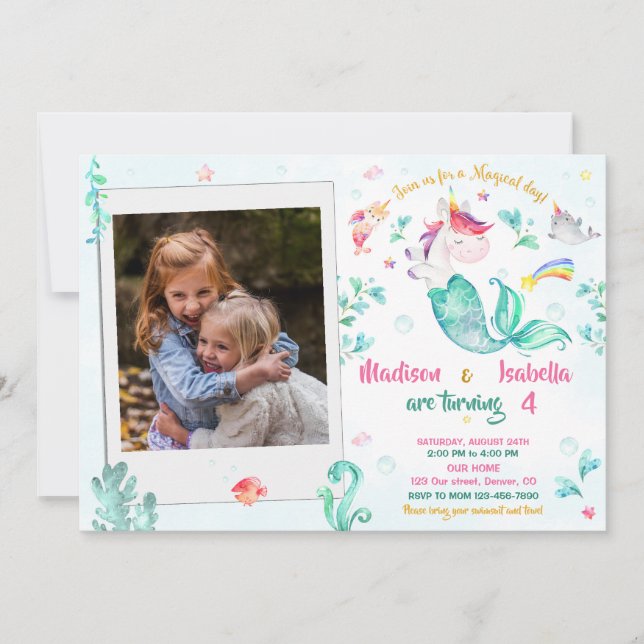 Photo mermicorn birthday invitation for two Girls (Front)