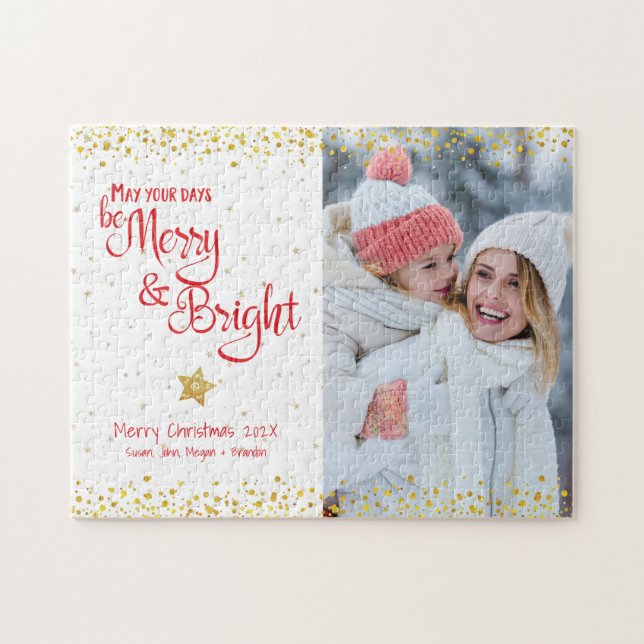 Photo Merry Bright Script Gold Glitter Red Holiday Jigsaw Puzzle (Horizontal)