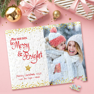 Photo Merry Bright Script Gold Glitter Red Holiday Jigsaw Puzzle