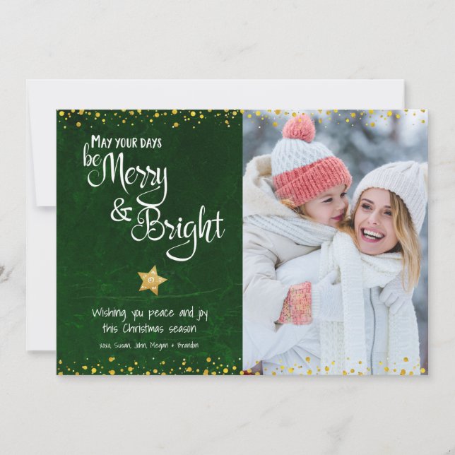Photo Merry Bright Script Green Gold Glitter Star  Holiday Card (Front)