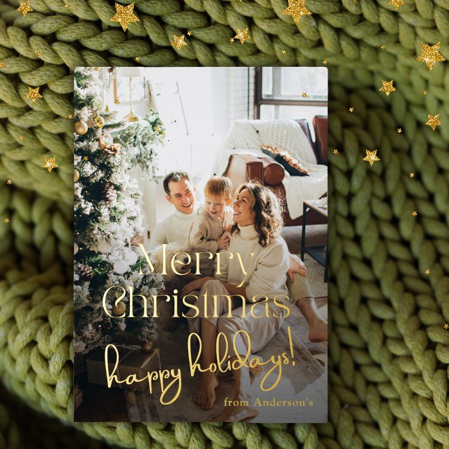 Photo Merry Christmas Family Greetings Elegant Foil Holiday Card (Creator Uploaded)