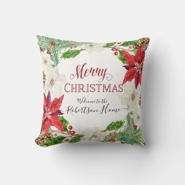 PHOTO Merry Christmas Floral Wreath Holly Foliage Cushion (Front)