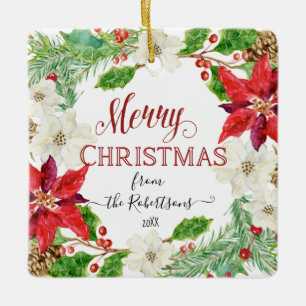 PHOTO Merry Christmas Floral Wreath Watercolor Art Ceramic Ornament