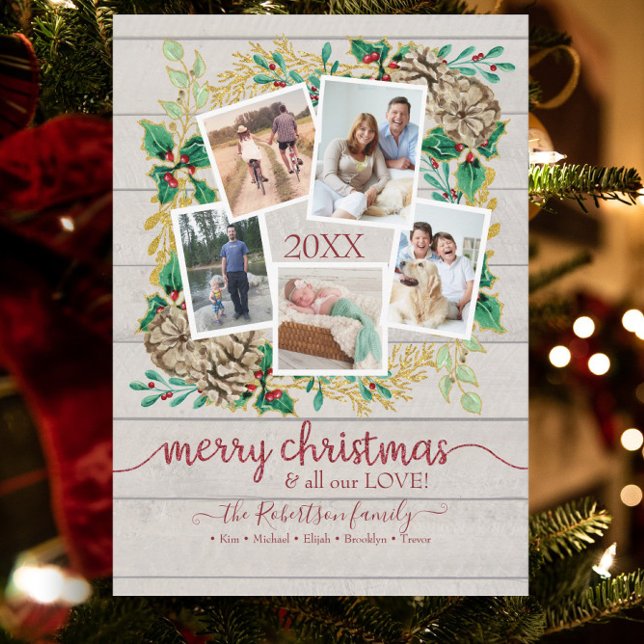 PHOTO Merry Christmas Greenery Wreath Watercolor Holiday Card (Creator Uploaded)