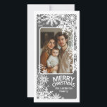 Photo - Merry Christmas - Grey Snowflakes Holiday Card<br><div class="desc">Customise this with 1 vertical / portrait photo,  your family name,  and the current year.</div>
