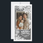 Photo - Merry Christmas - Grey Snowflakes Holiday Card<br><div class="desc">Customise this with 1 vertical / portrait photo,  your family name,  and the current year.</div>
