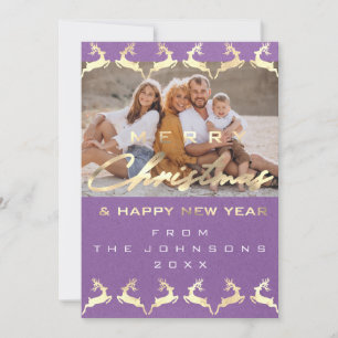 Photo Merry Christmas Happy Deer Gold Purple Holiday Card