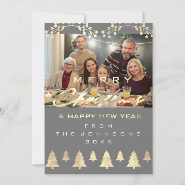 Photo Merry Christmas Happy New Year Gray Gold Holiday Card (Front)