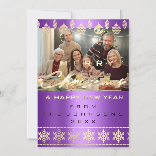 Photo Merry Christmas Happy New Year Purple Holiday Card (Front)