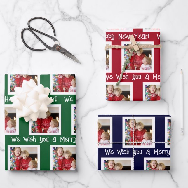 Photo Merry Christmas Happy New Year Three Colour Wrapping Paper Sheet (Front)