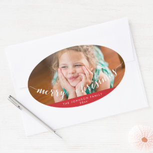 Photo Merry Christmas Oval Red Stickers