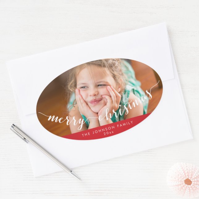 Photo Merry Christmas Oval Red Stickers (Envelope)