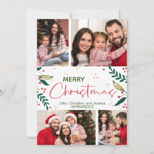 Photo Merry Christmas Red Green Gold Greenery Holiday Card