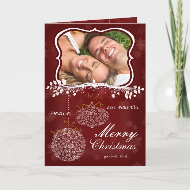 Photo Merry Christmas Red Stars White Ornaments Holiday Card (Front)