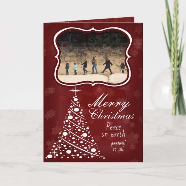 Photo Merry Christmas Red Stars White Tree Holiday Card (Front)