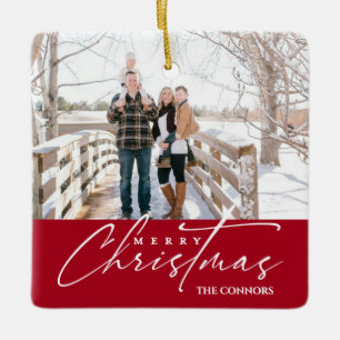 Photo Merry Christmas Script Calligraphy Family Ceramic Ornament