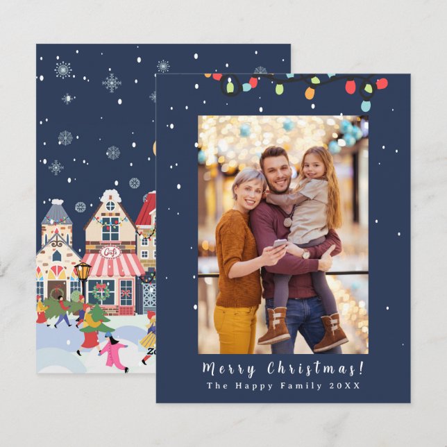 Photo Merry Christmas Snow Whimsy Blue  Holiday Card (Front/Back)