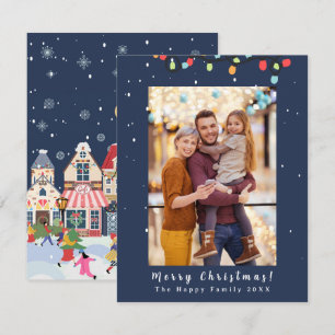 Photo Merry Christmas Snow Whimsy Blue  Holiday Card