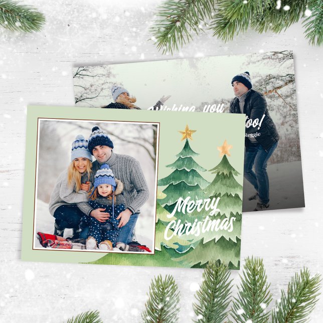 Photo Merry Christmas Watercolor Christmas Trees Holiday Card (Merry Christmas holiday photo card with watercolor Christmas trees. )
