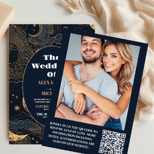 Photo Midnight Blue Gold Celestial Wedding Invitation