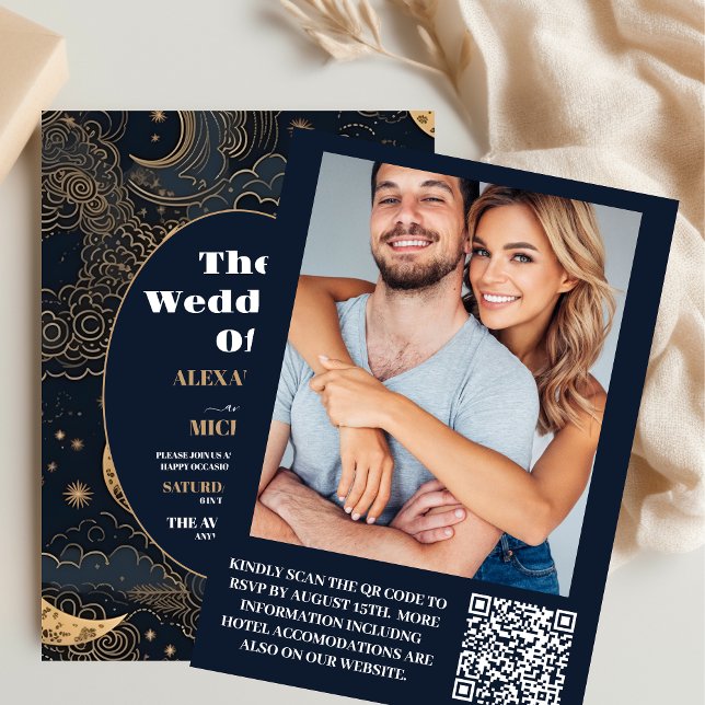 Photo Midnight Blue Gold Celestial Wedding Invitation (Creator Uploaded)