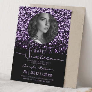 PHOTO Midnight Glam Sweet 16 Birthday Purple Invitation