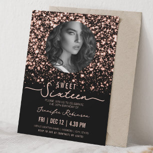 PHOTO Midnight Glam Sweet 16 Birthday Rose Gold  Invitation