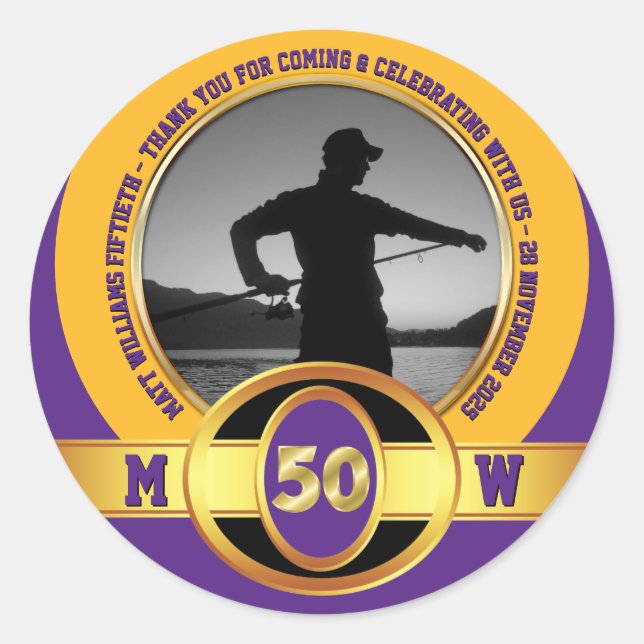Photo Milestone Birthday 50th Purple Gold Black Classic Round Sticker (Front)