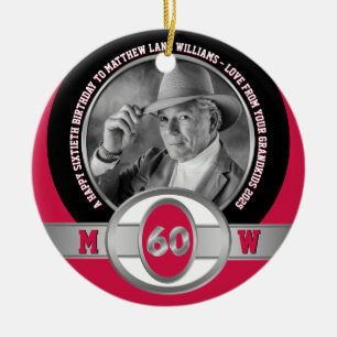 Photo Milestone Birthday 60th Red Black White Ceramic Tree Decoration