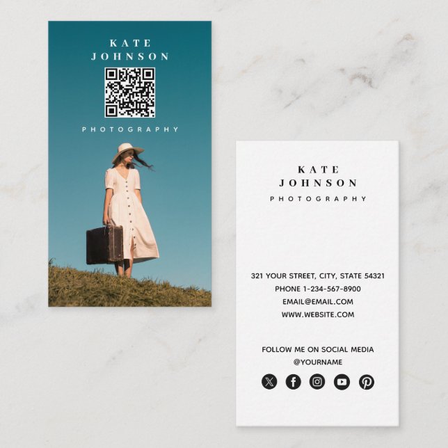 Photo Minimal Photographer QR Code Social Media   Business Card (Front/Back)