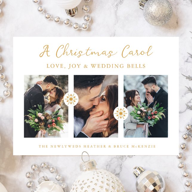 Photo Minimal Snowflakes Newlyweds First Christmas Holiday Card (Minimalist Snowflakes Newlyweds First Christmas 3 Photos Collage In Faux Gold Holiday Card.)