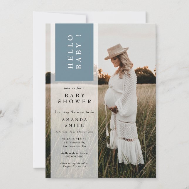 Photo Minimalist Blue Boy Hello Baby Shower Invitation (Front)