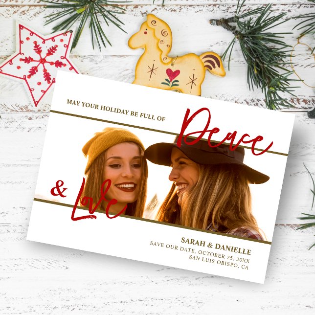Photo Minimalist Chic Sophisticated Fake Gold Red  Save The Date (Christmas Chic Sophisticated Gold & Red Accents Photo Wedding Save the Date Card as a Holiday Card.)